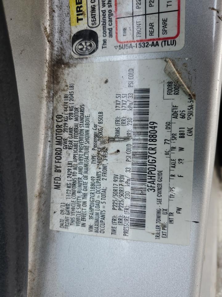 2012 Ford Fusion Sel VIN: 3FAHP0JG7CR188049 Lot: 80743365