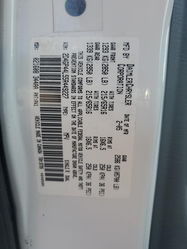 2005 Dodge Grand Caravan Sxt VIN: 2D4GP44L55R449227 Lot: 70857525