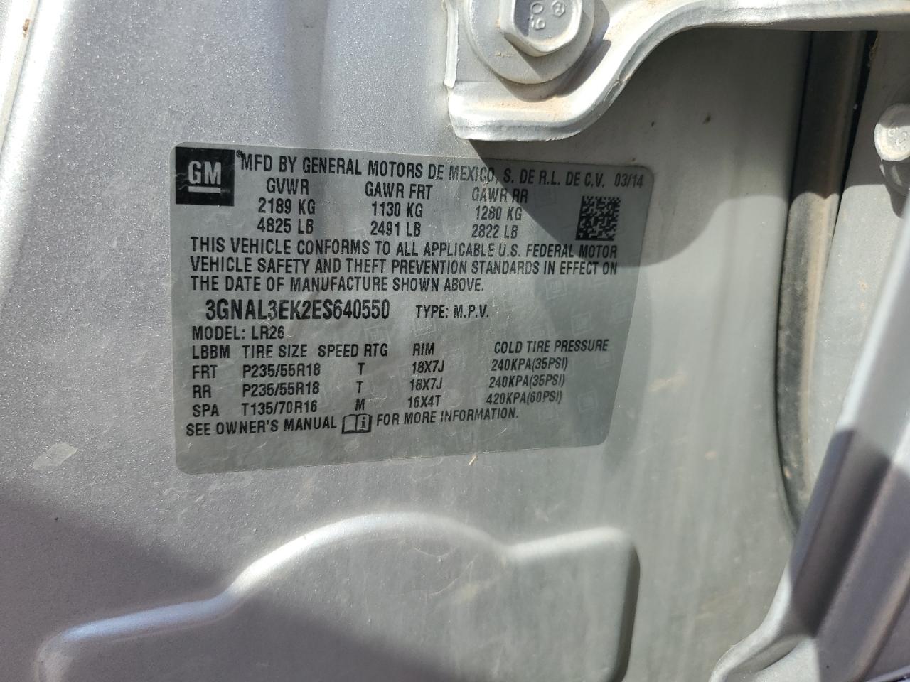 2014 Chevrolet Captiva Lt VIN: 3GNAL3EK2ES640550 Lot: 80170005