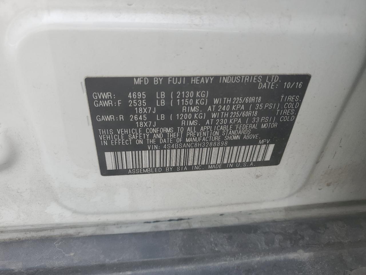 2017 Subaru Outback 2.5I Limited VIN: 4S4BSANC8H3288898 Lot: 80395435