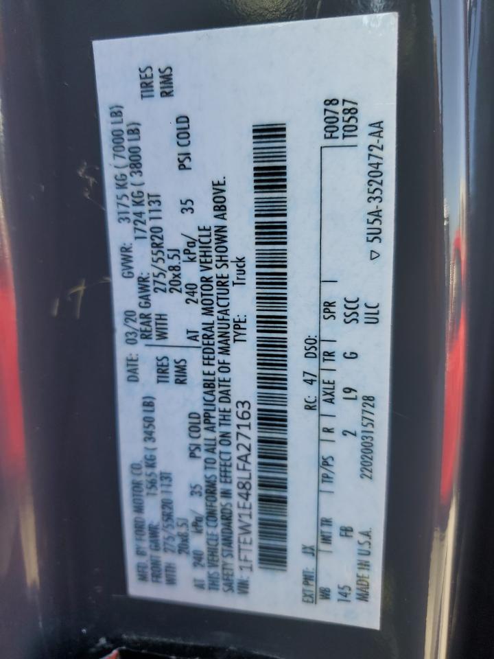 2020 Ford F150 Supercrew VIN: 1FTEW1E48LFA27163 Lot: 84621405
