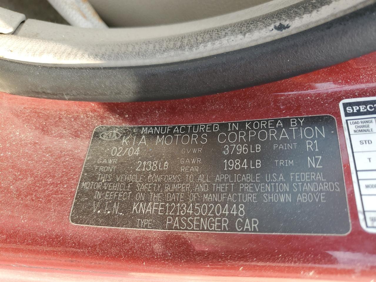 2004 Kia Spectra Lx VIN: KNAFE121345020448 Lot: 80732035