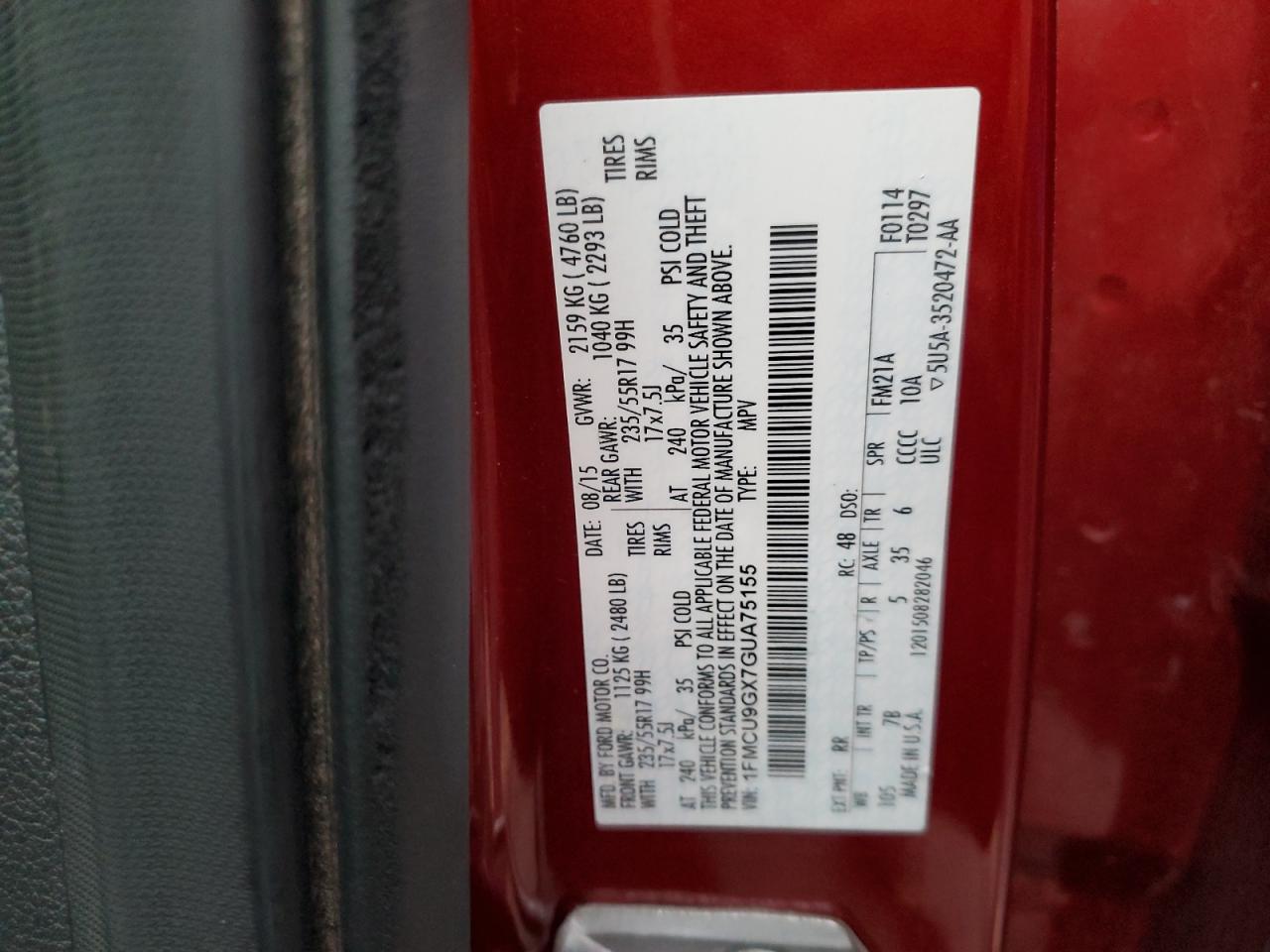 2016 Ford Escape Se VIN: 1FMCU9GX7GUA75155 Lot: 71220515