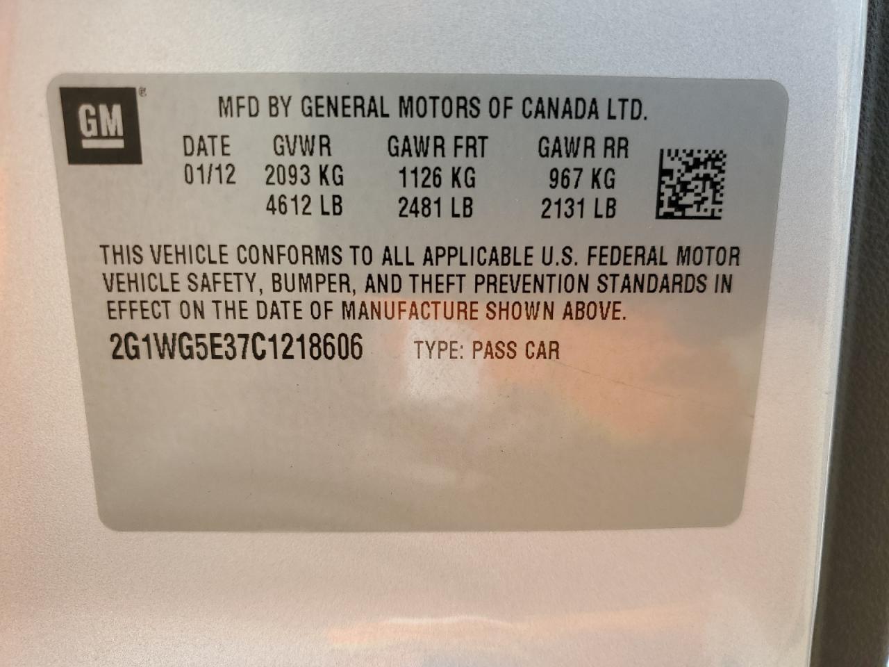 2012 Chevrolet Impala Lt VIN: 2G1WG5E37C1218606 Lot: 70391615