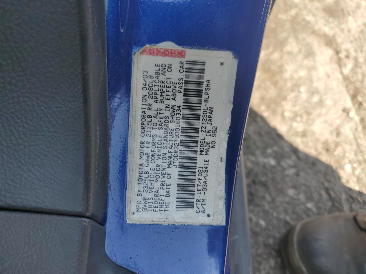 2003 Toyota Celica Gt VIN: JTDDR32T930160334 Lot: 84070945