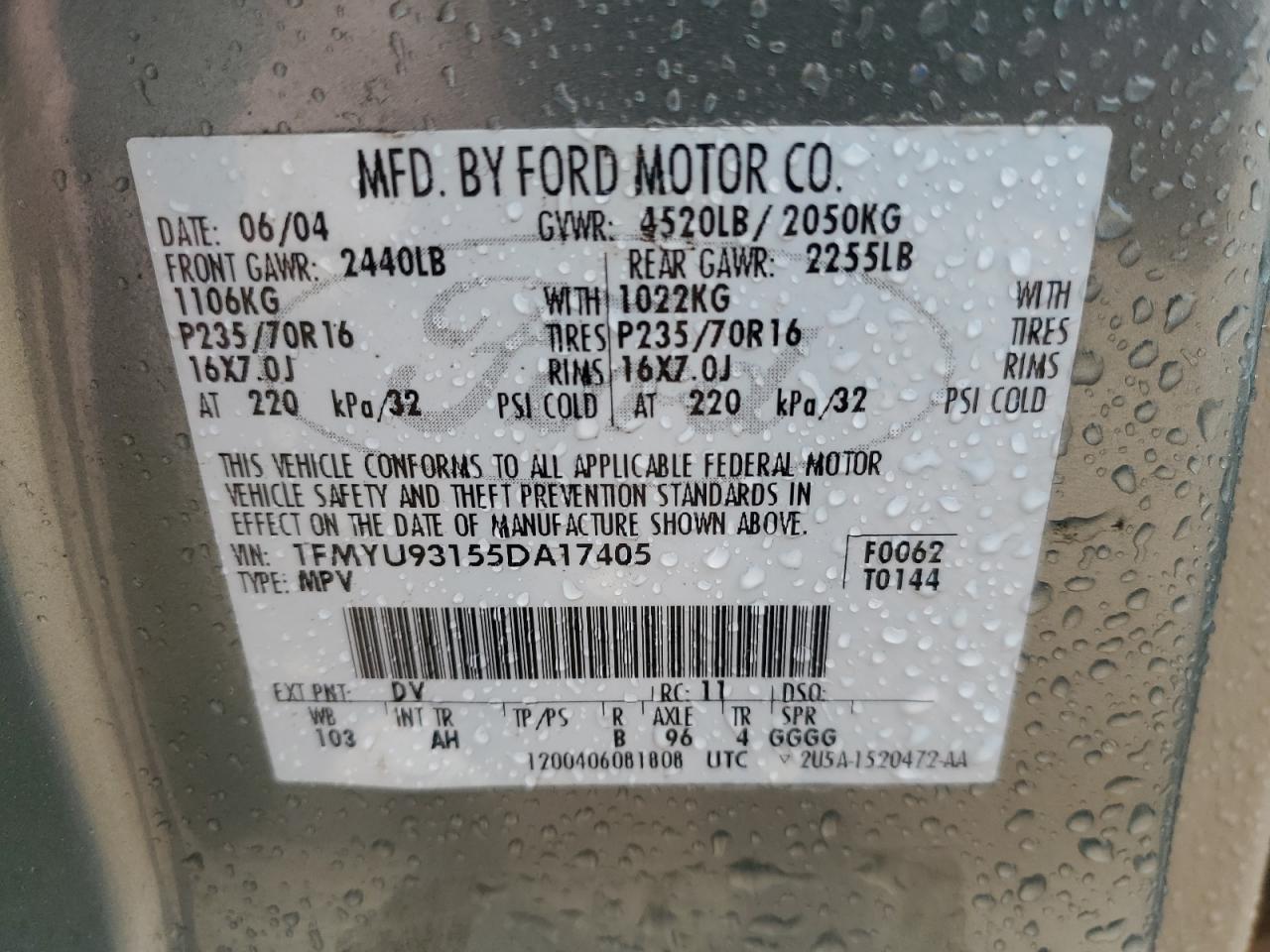 2005 Ford Escape Xlt VIN: 1FMYU93155DA17405 Lot: 83852995