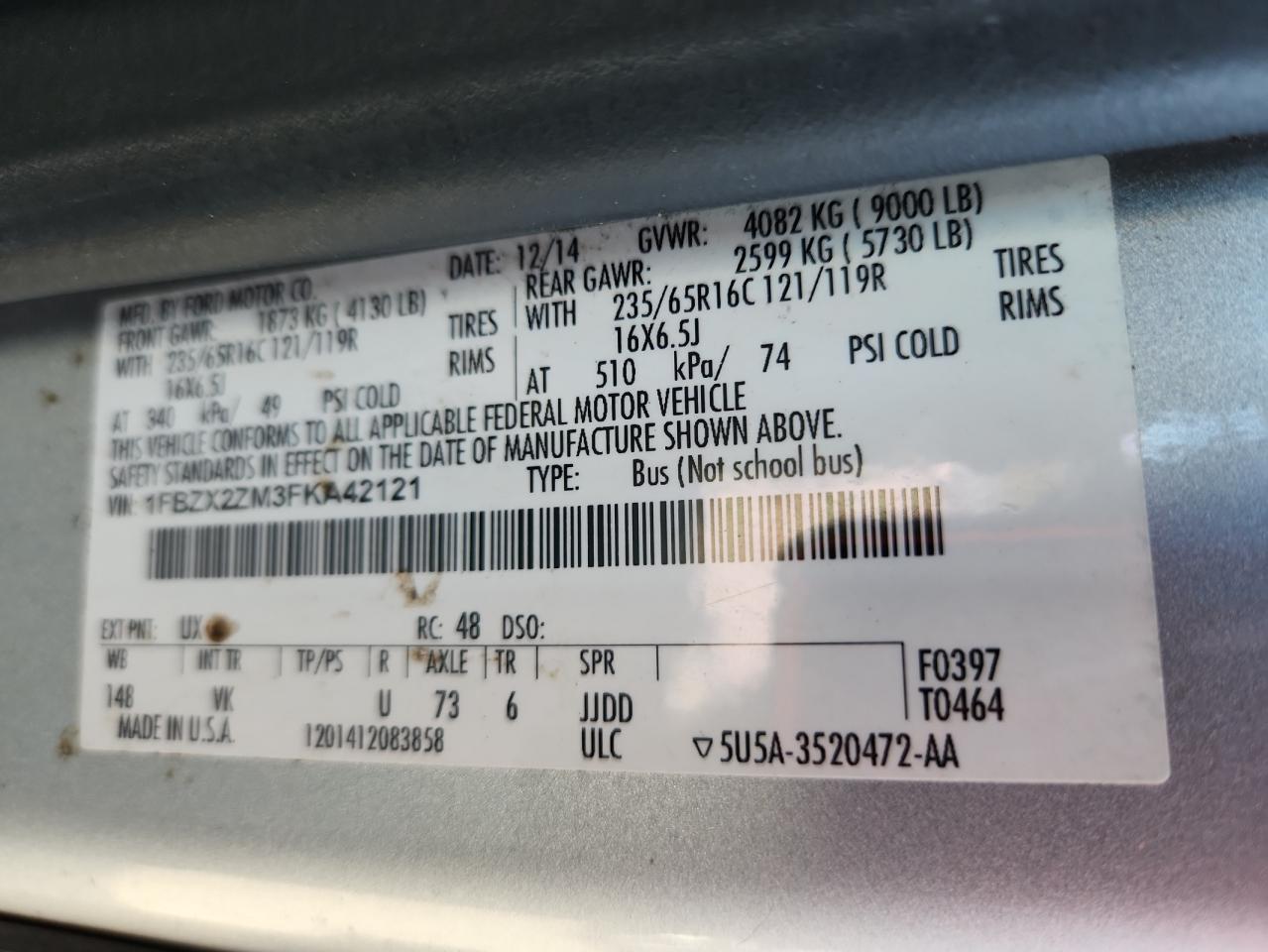 2015 Ford Transit T-350 VIN: 1FBZX2ZM3FKA42121 Lot: 80764415