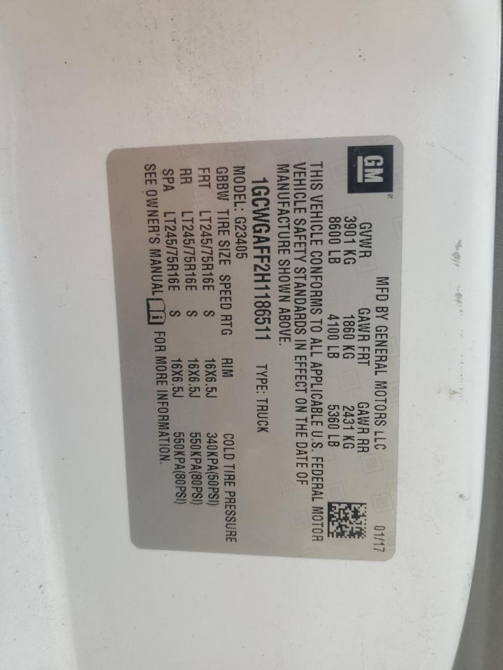 2017 Chevrolet Express G2500 VIN: 1GCWGAFF2H1186511 Lot: 81214765