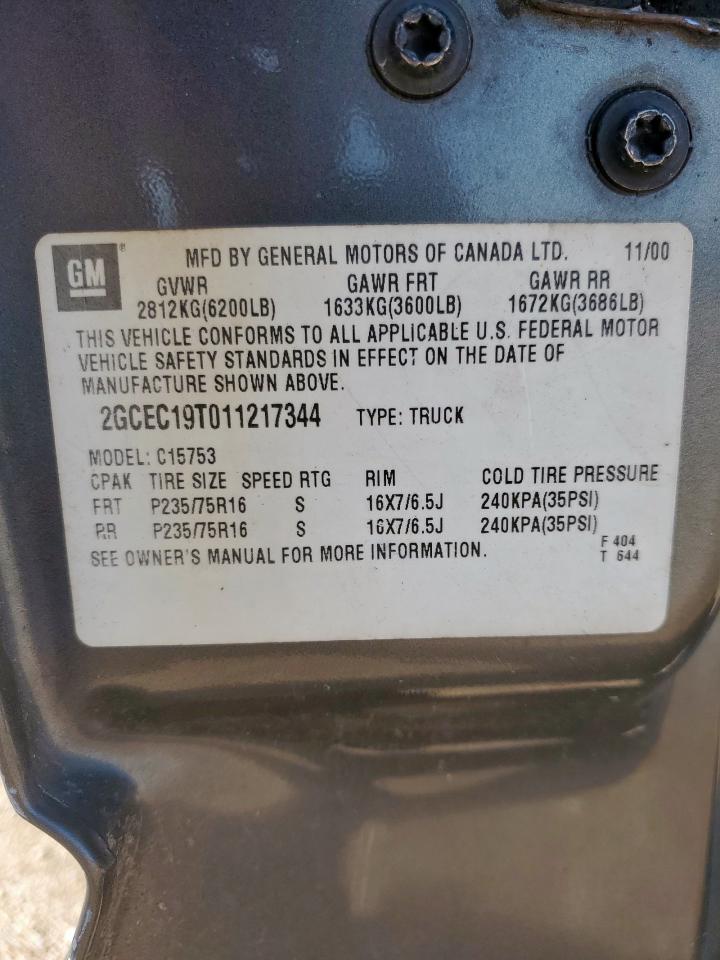 2001 Chevrolet Silverado C1500 VIN: 2GCEC19T011217344 Lot: 71998565