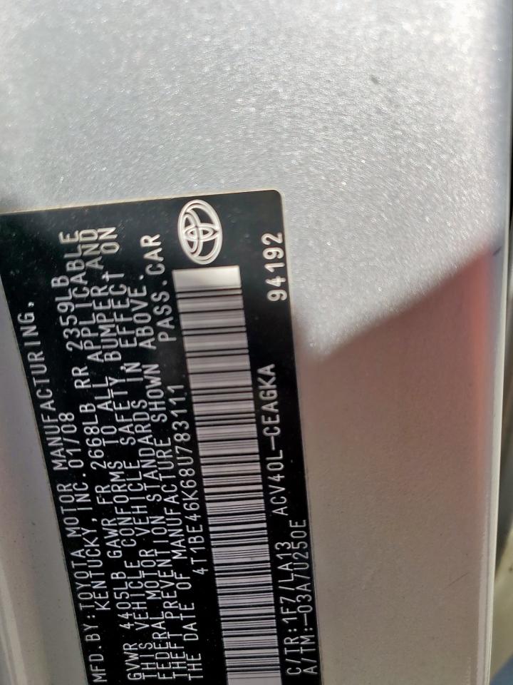 2008 Toyota Camry Ce VIN: 4T1BE46K68U783111 Lot: 84560175