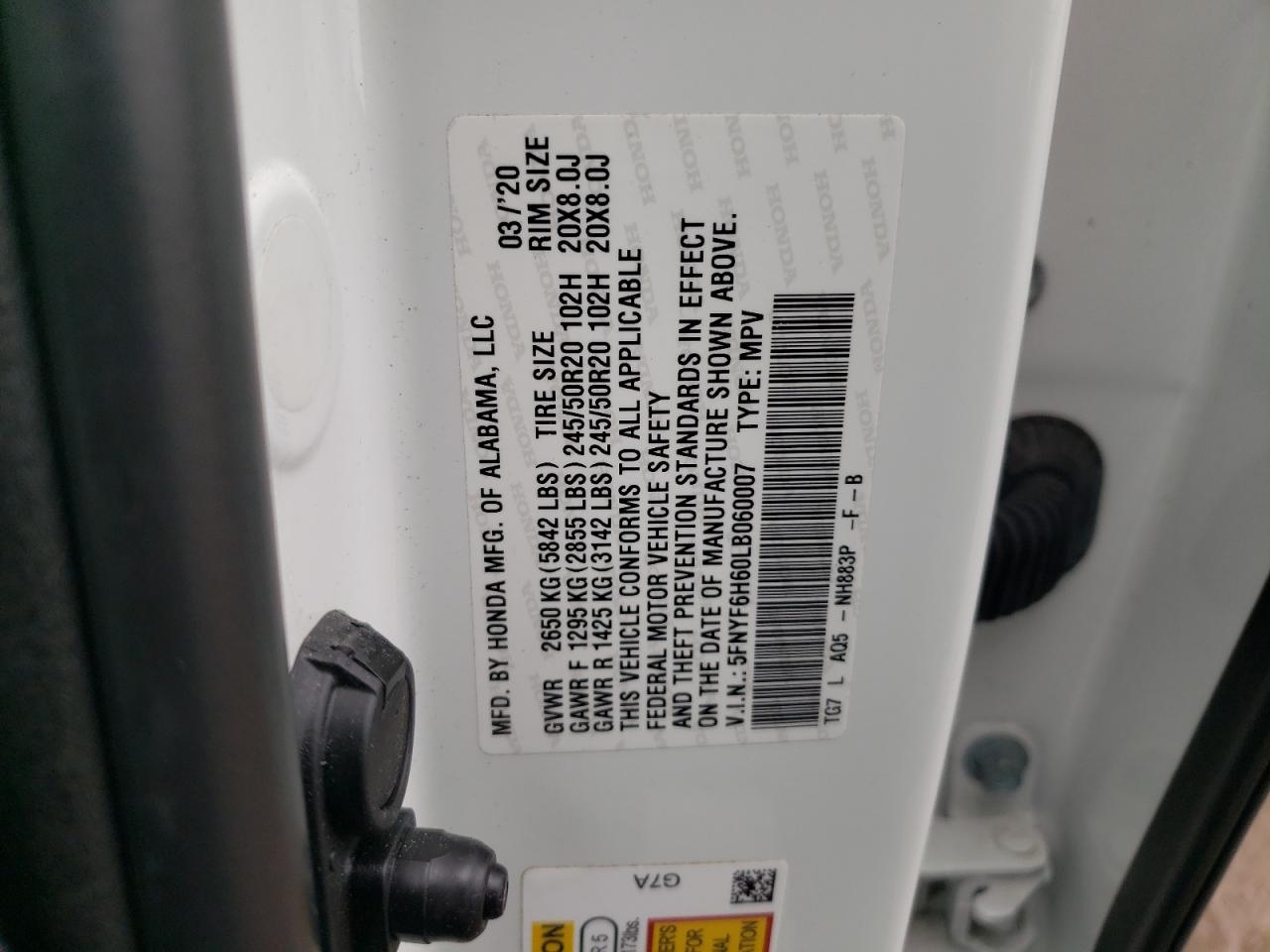 2020 Honda Pilot Touring VIN: 5FNYF6H60LB060007 Lot: 83931955