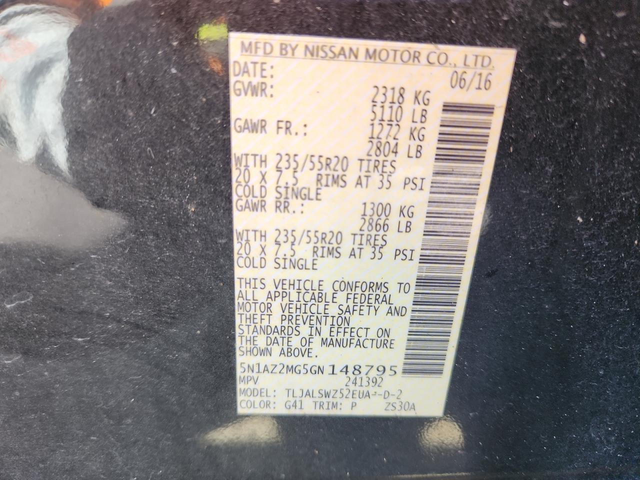 2016 Nissan Murano S VIN: 5N1AZ2MG5GN148795 Lot: 80651215