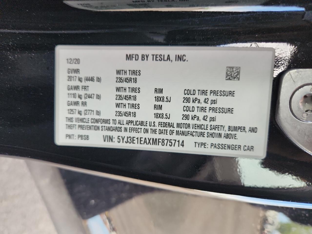 2021 Tesla Model 3 VIN: 5YJ3E1EAXMF875714 Lot: 83759065