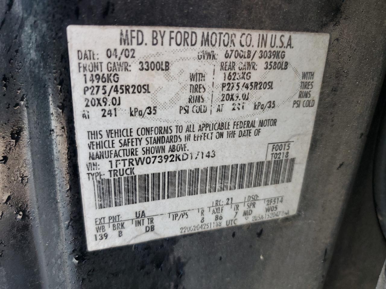 2002 Ford F150 Supercrew Harley Davidson VIN: 1FTRW07392KD17143 Lot: 81035945