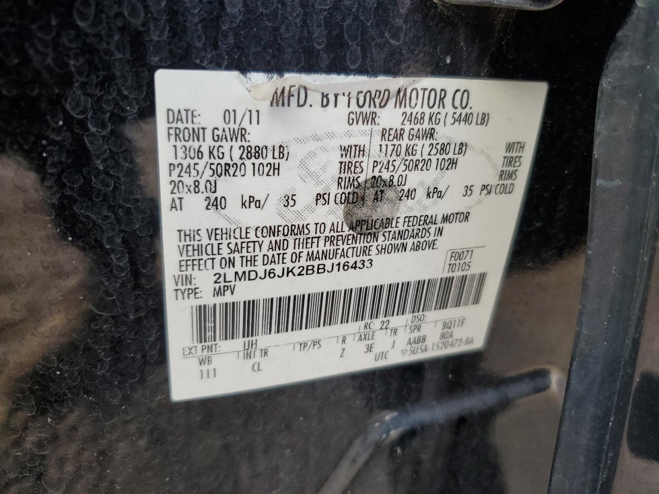 2011 Lincoln Mkx VIN: 2LMDJ6JK2BBJ16433 Lot: 81862005