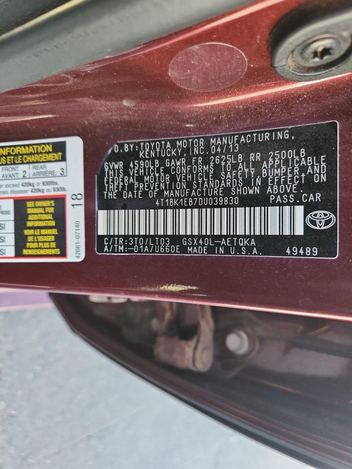 2013 Toyota Avalon Base VIN: 4T1BK1EB7DU039830 Lot: 81085965