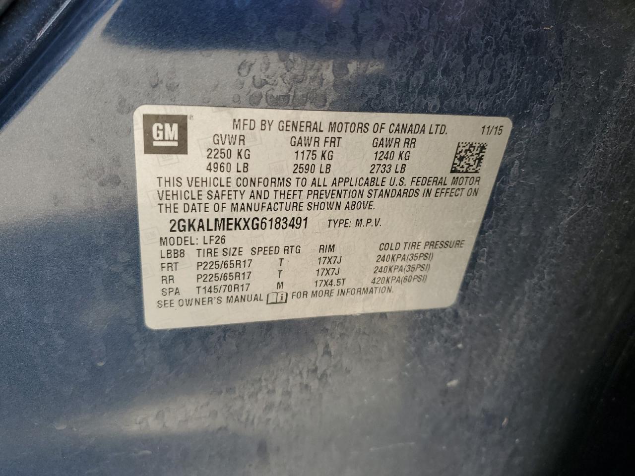 2016 GMC Terrain Sle VIN: 2GKALMEKXG6183491 Lot: 84583945