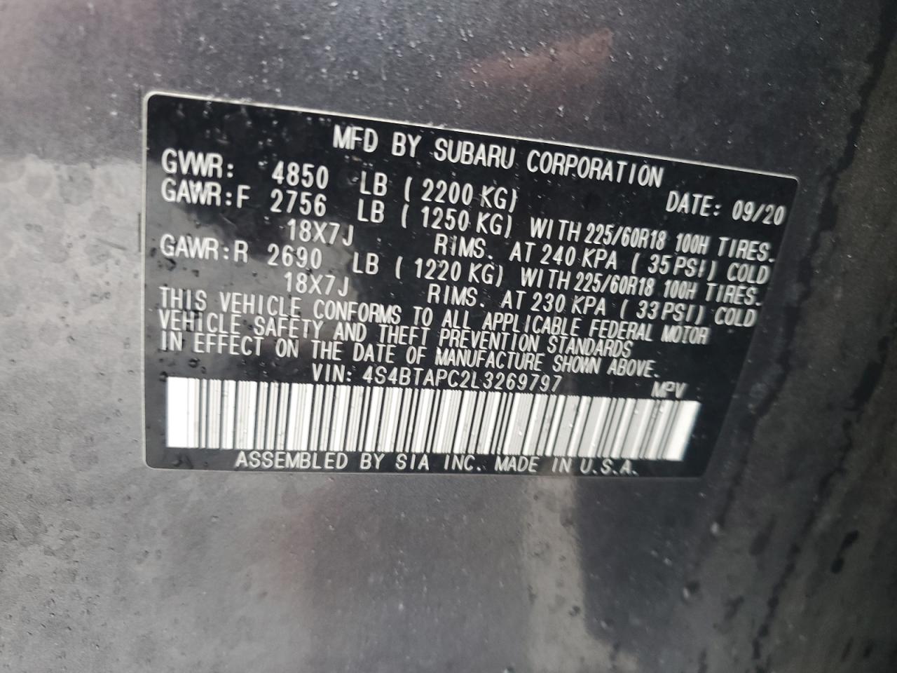 2020 Subaru Outback Touring VIN: 4S4BTAPC2L3269797 Lot: 80937345