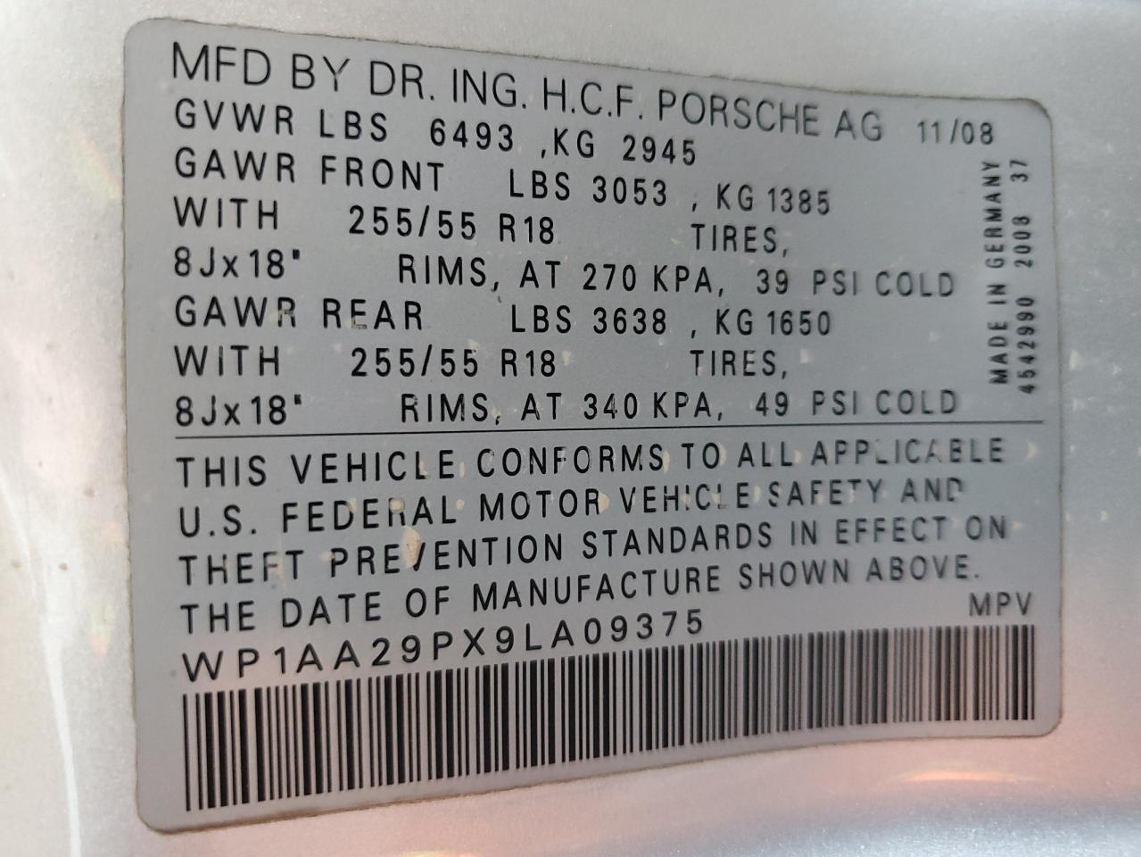 2009 Porsche Cayenne VIN: WP1AA29PX9LA09375 Lot: 81471595