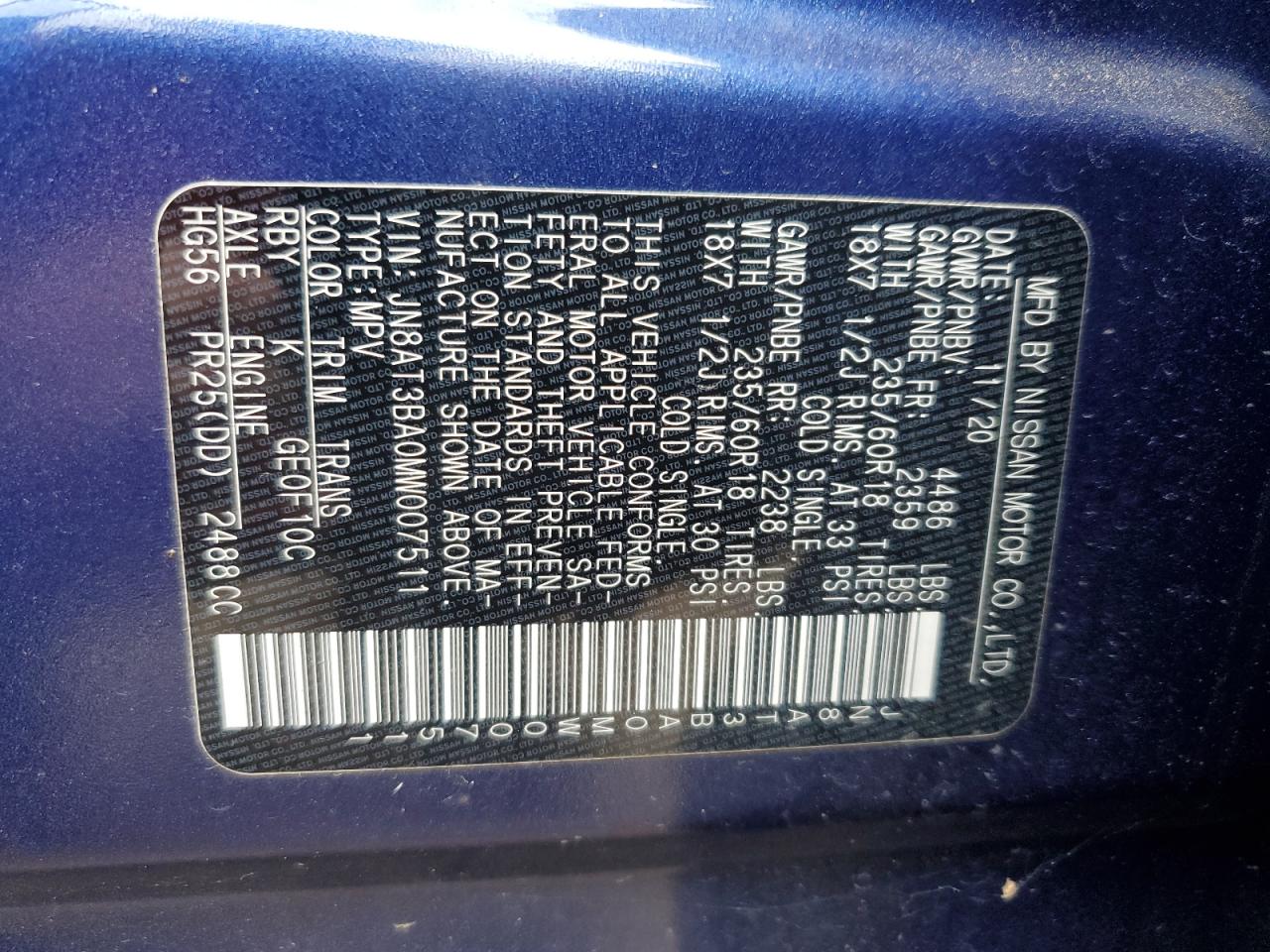 2021 Nissan Rogue Sv VIN: JN8AT3BA0MW007511 Lot: 70355945