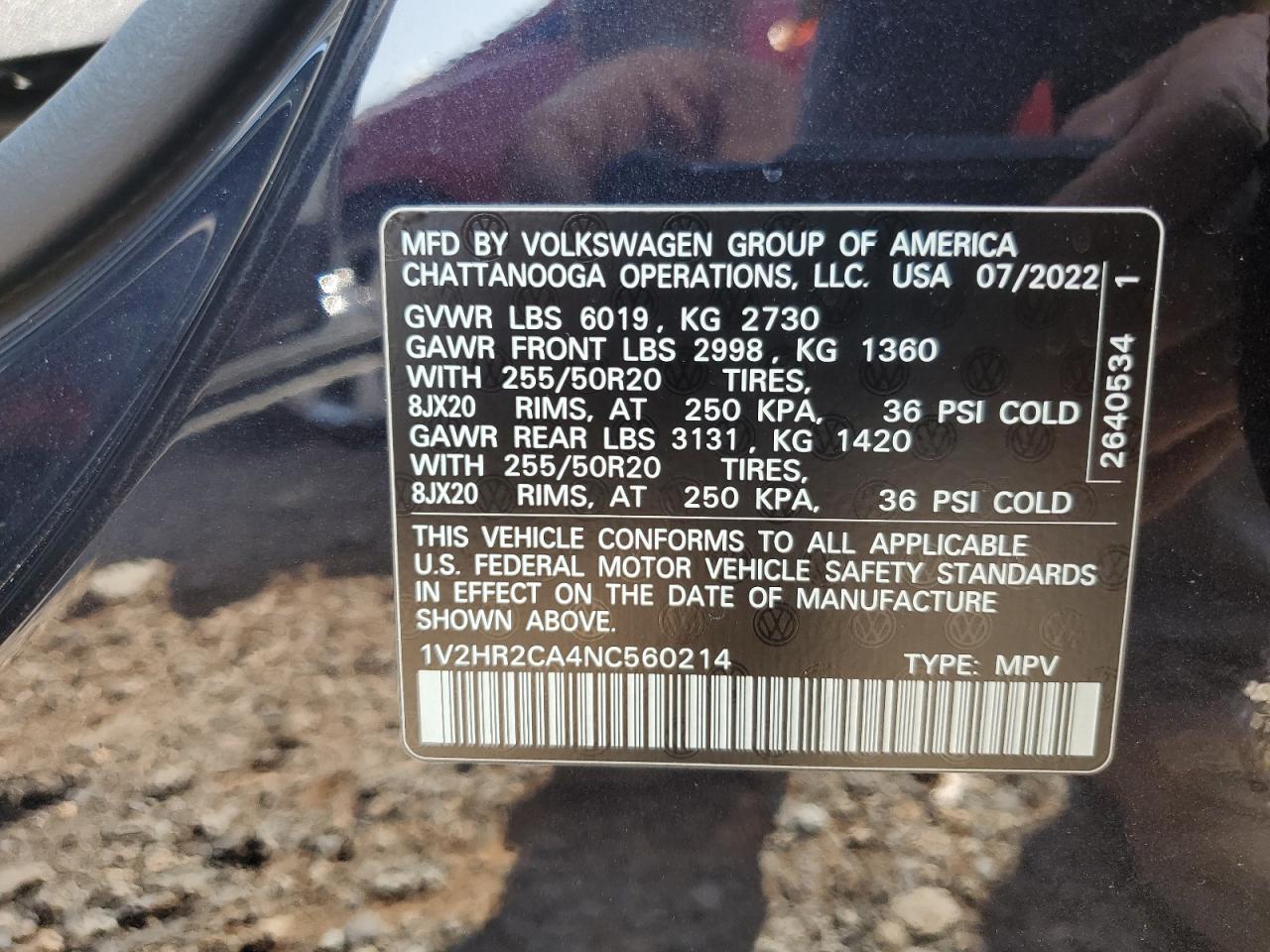 2022 Volkswagen Atlas Se VIN: 1V2HR2CA4NC560214 Lot: 71680205