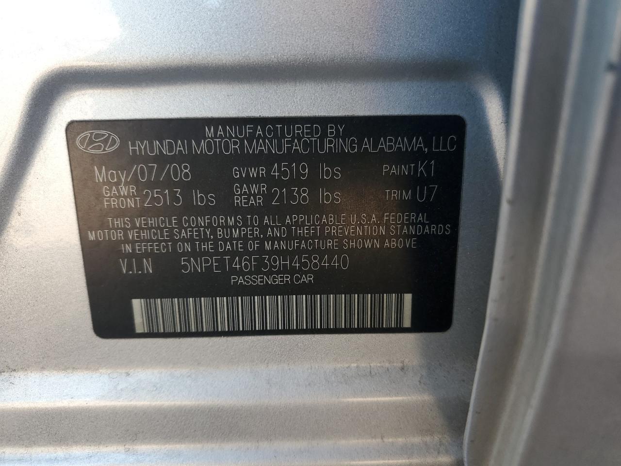 2009 Hyundai Sonata Gls VIN: 5NPET46F39H458440 Lot: 80502095