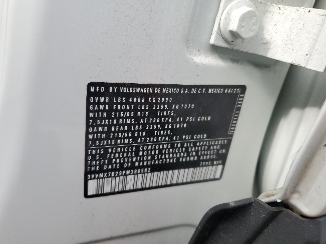 2023 Volkswagen Taos S VIN: 3VVMX7B29PM380582 Lot: 71552385