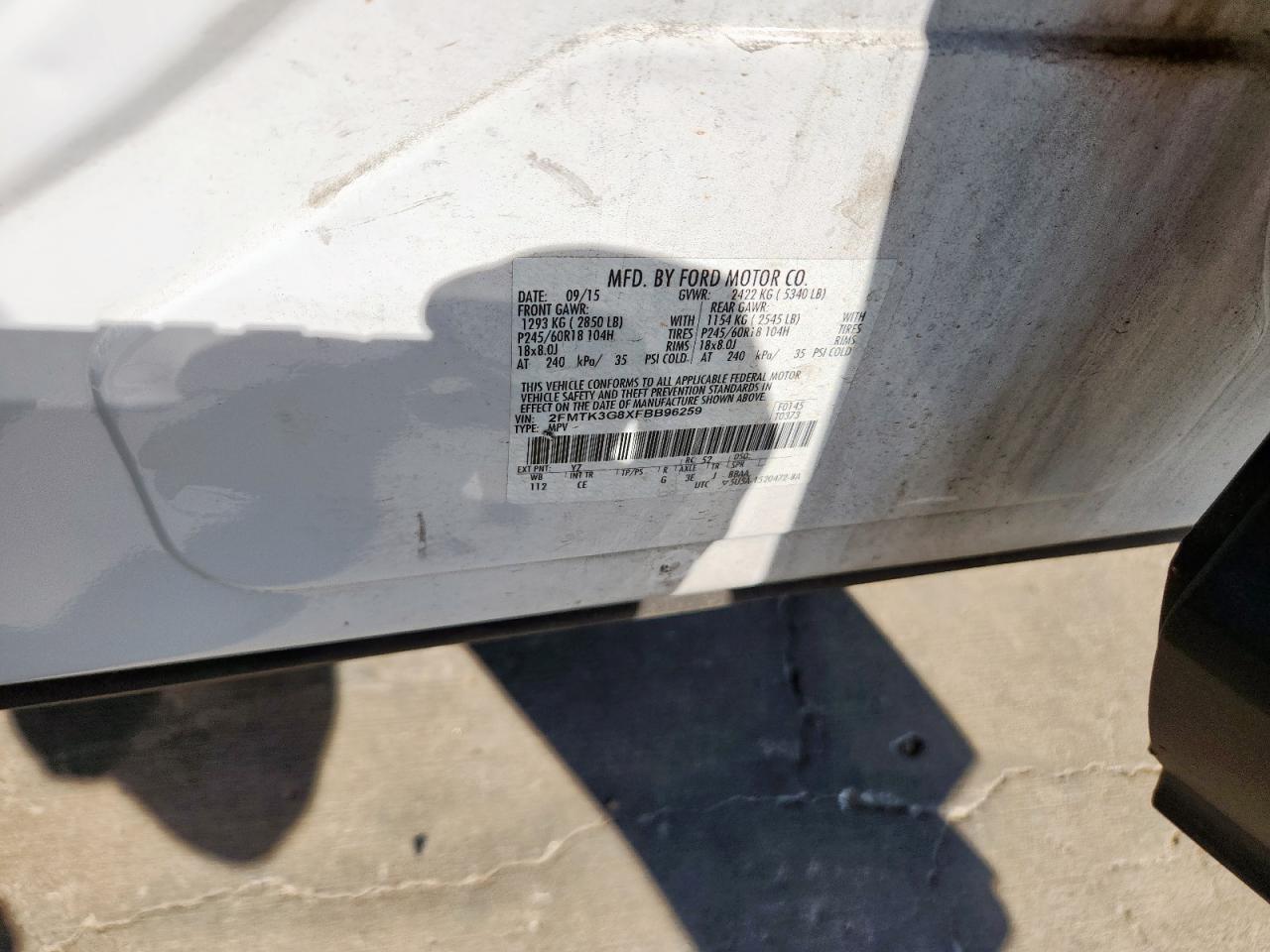 2015 Ford Edge Se VIN: 2FMTK3G8XFBB96259 Lot: 80354175