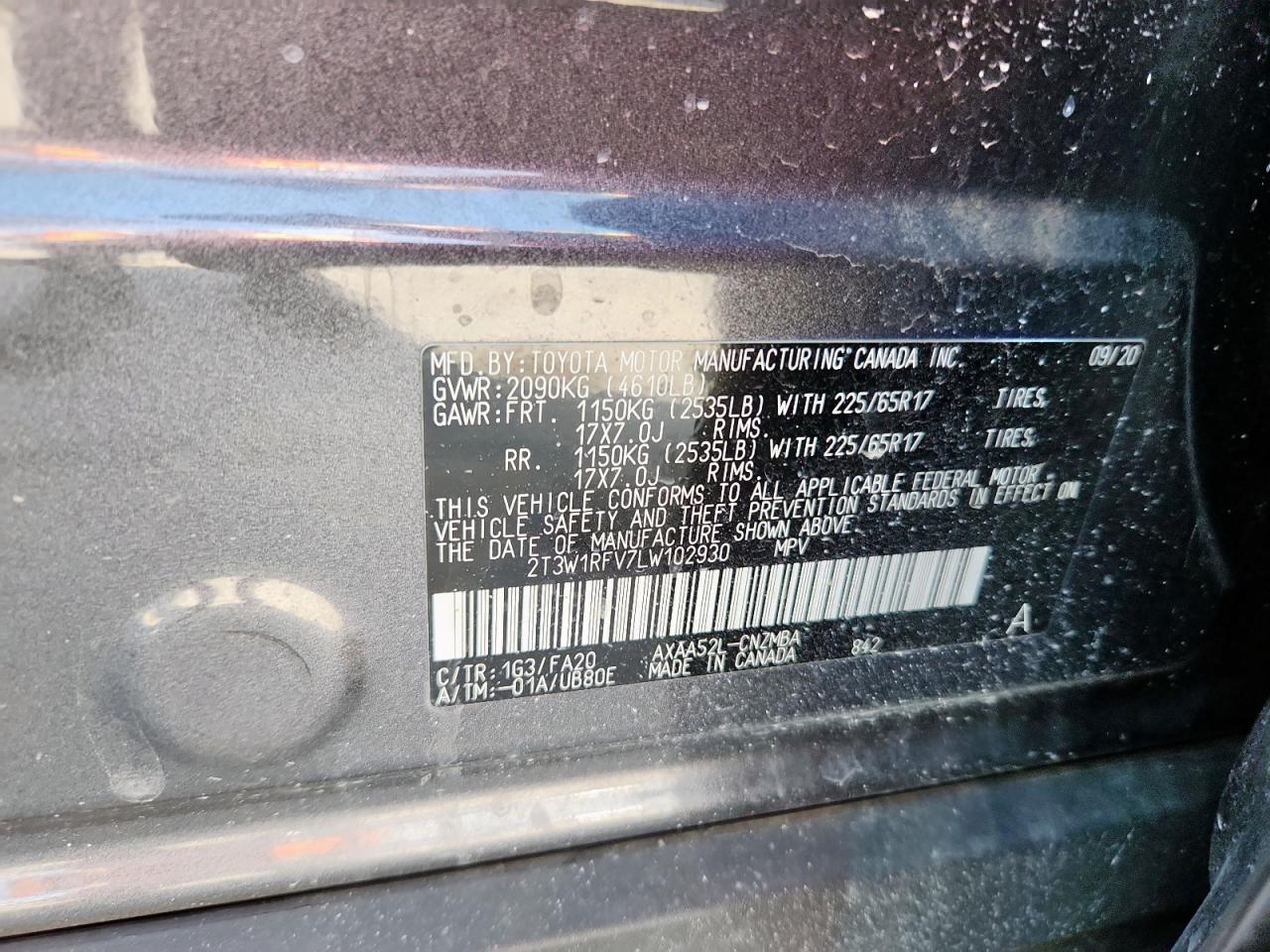 2020 Toyota Rav4 Xle VIN: 2T3W1RFV7LW102930 Lot: 84633995