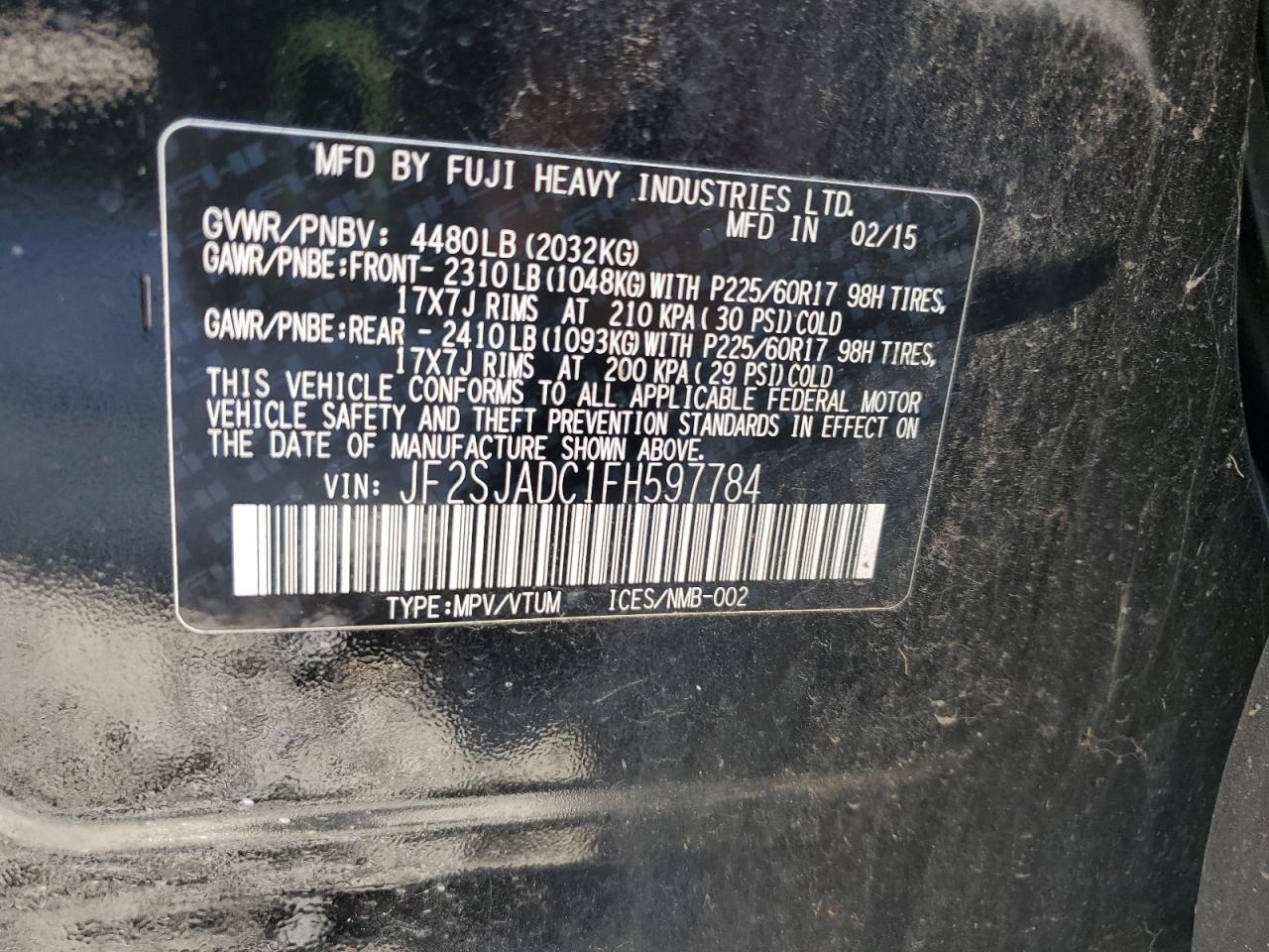 2015 Subaru Forester 2.5I Premium VIN: JF2SJADC1FH597784 Lot: 81406685