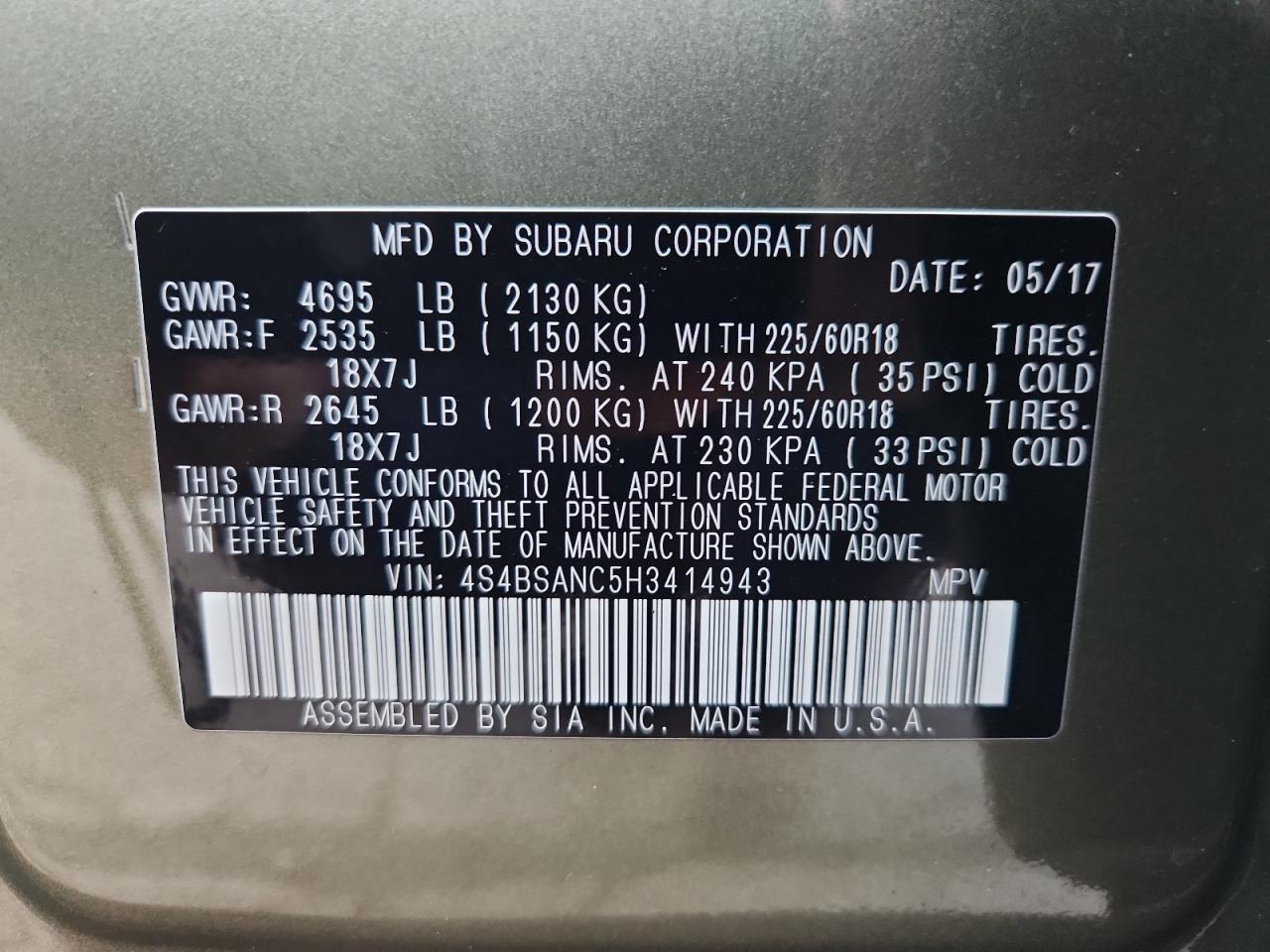 2017 Subaru Outback 2.5I Limited VIN: 4S4BSANC5H3414943 Lot: 81920145