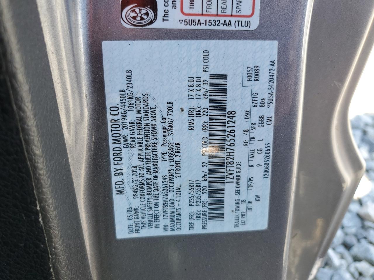 2006 Ford Mustang Gt VIN: 1ZVFT82H765261248 Lot: 80435955