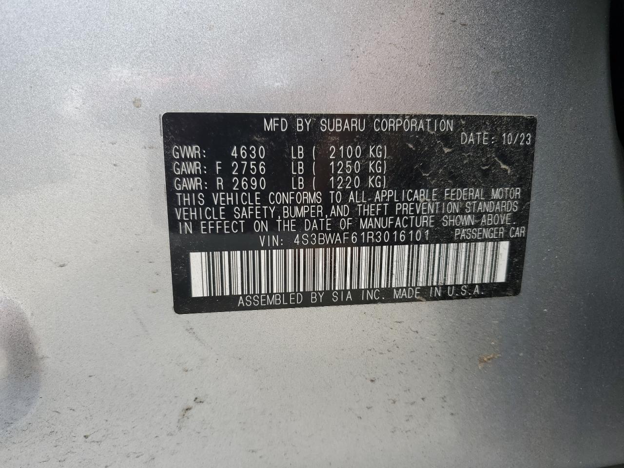 2024 Subaru Legacy Premium VIN: 4S3BWAF61R3016101 Lot: 80961745