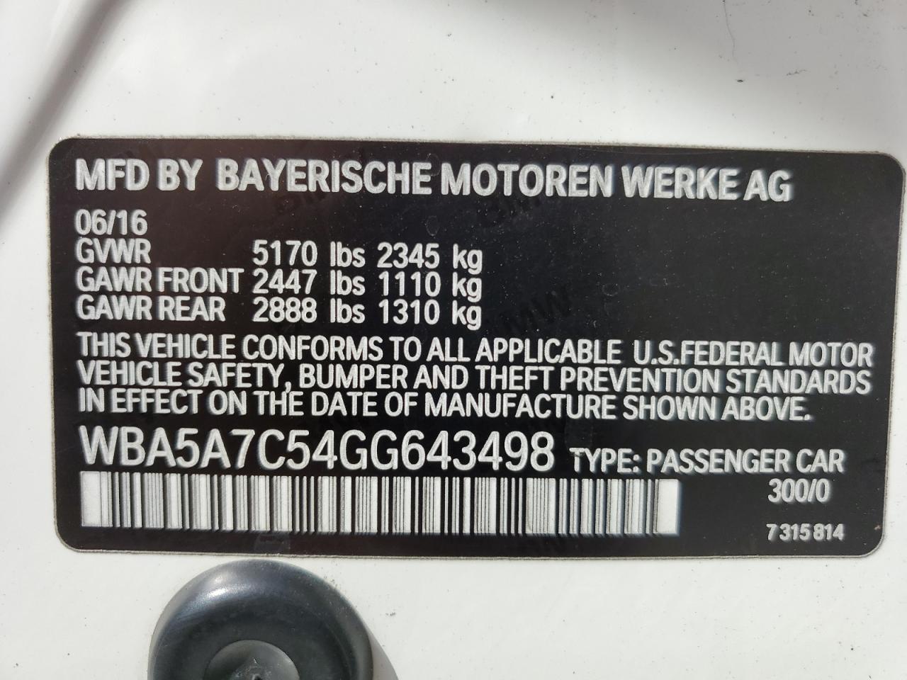 2016 BMW 528 Xi VIN: WBA5A7C54GG643498 Lot: 84734035