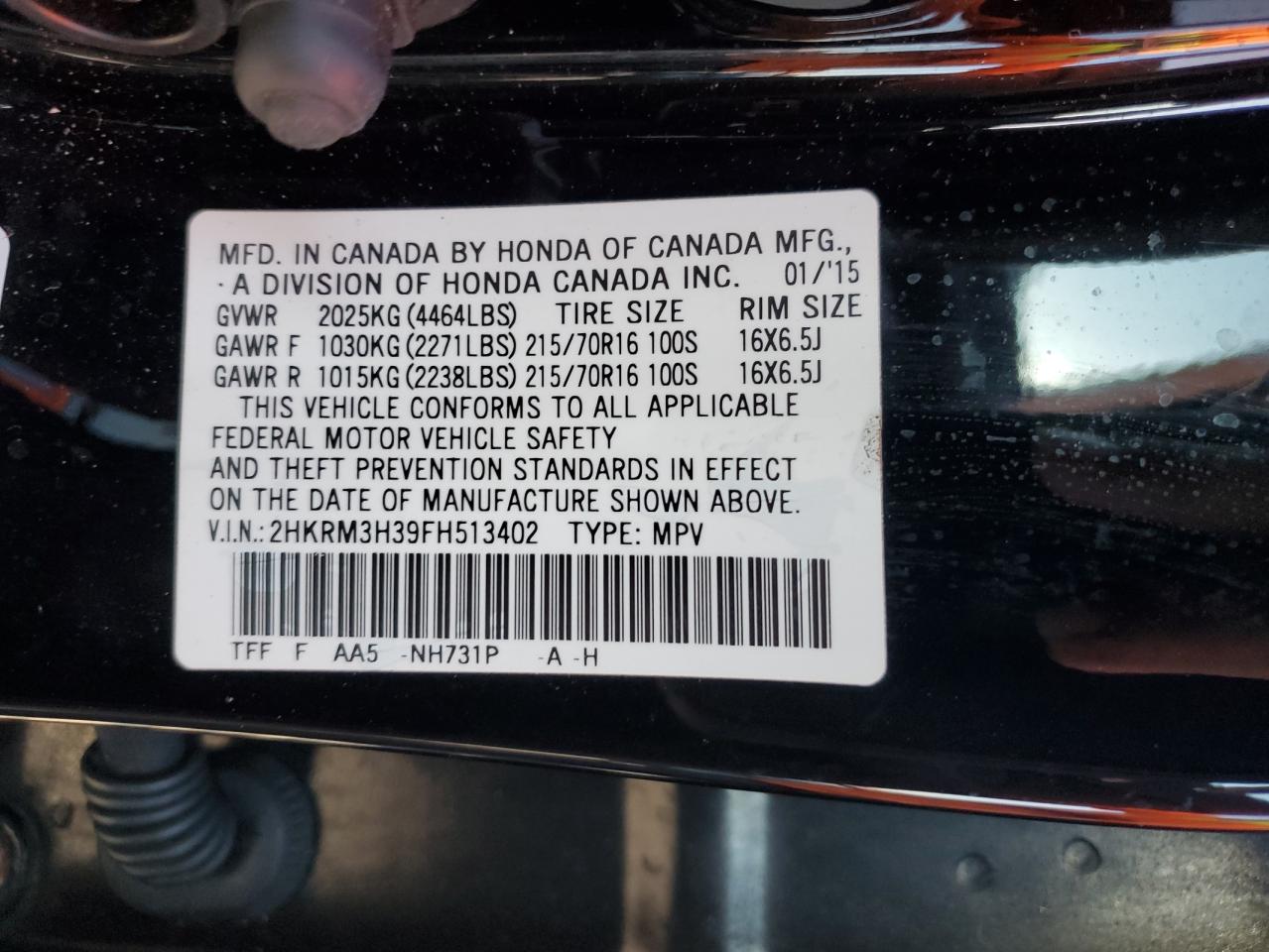 2015 Honda Cr-V Lx VIN: 2HKRM3H39FH513402 Lot: 83809435