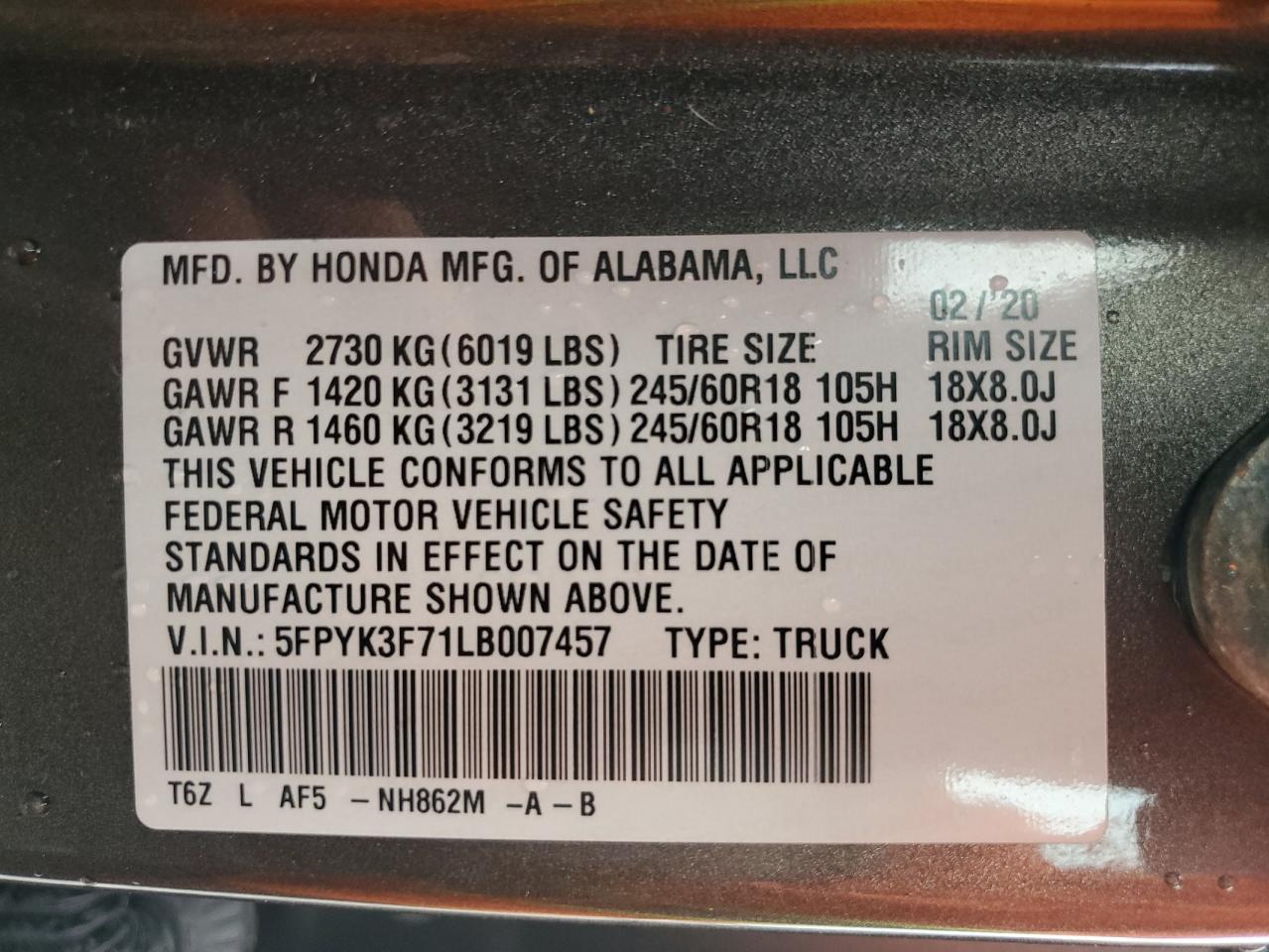 2020 Honda Ridgeline Rtl VIN: 5FPYK3F71LB007457 Lot: 71203235