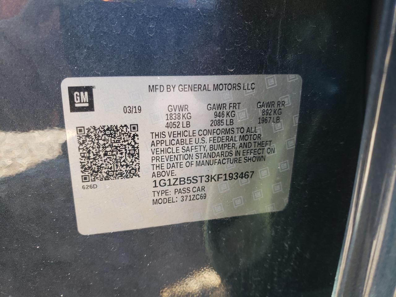 2019 Chevrolet Malibu Ls VIN: 1G1ZB5ST3KF193467 Lot: 80491035