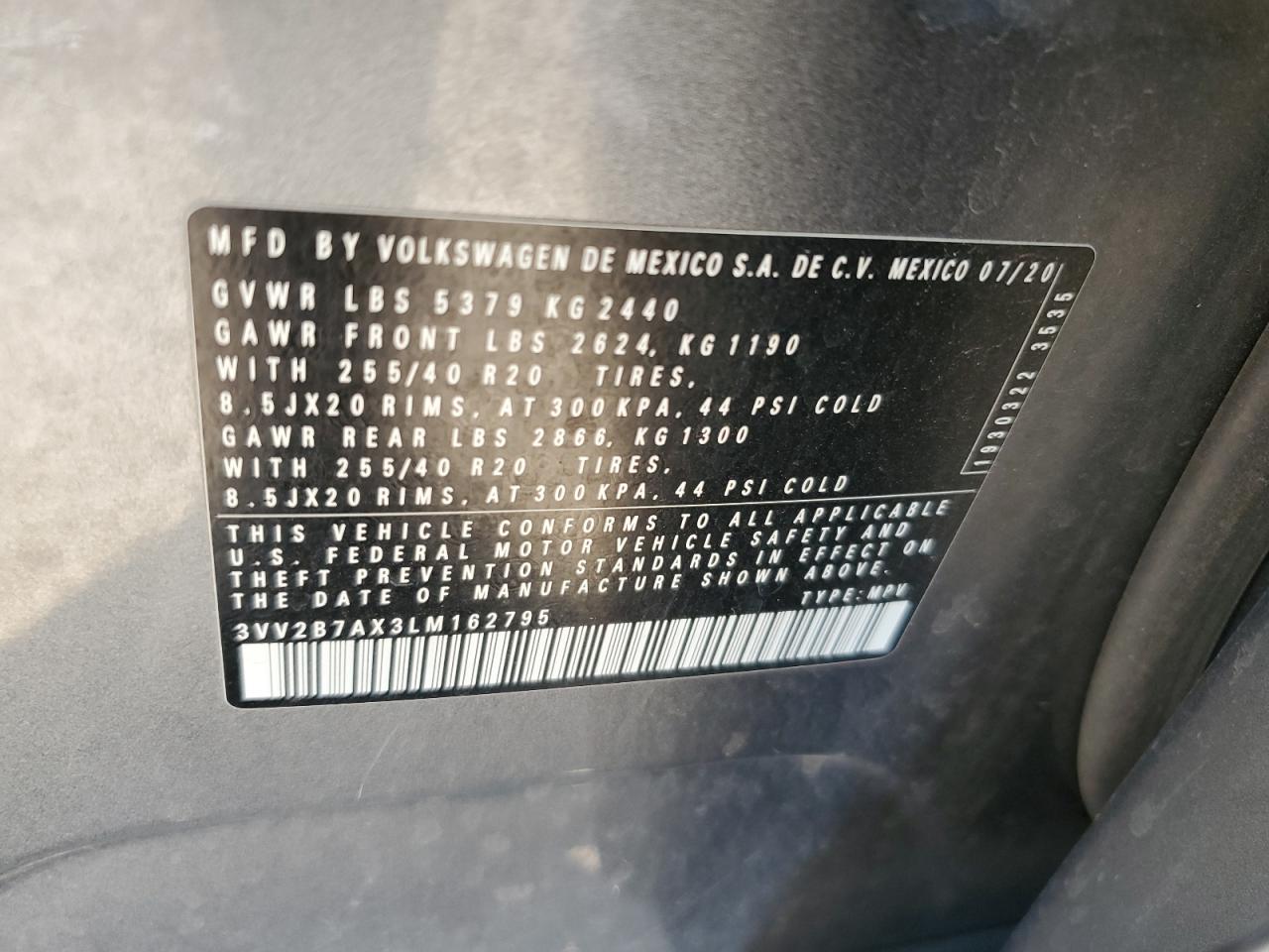 2020 Volkswagen Tiguan Se VIN: 3VV2B7AX3LM162795 Lot: 84210775