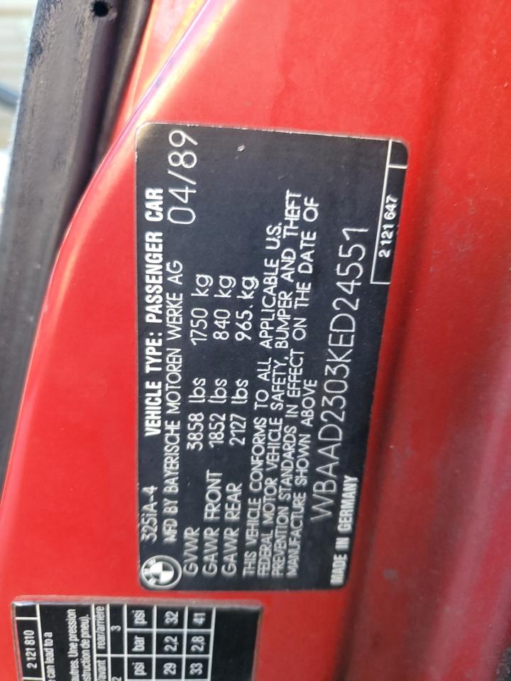 1989 BMW 325 I Automatic VIN: WBAAD2303KED24551 Lot: 81469715
