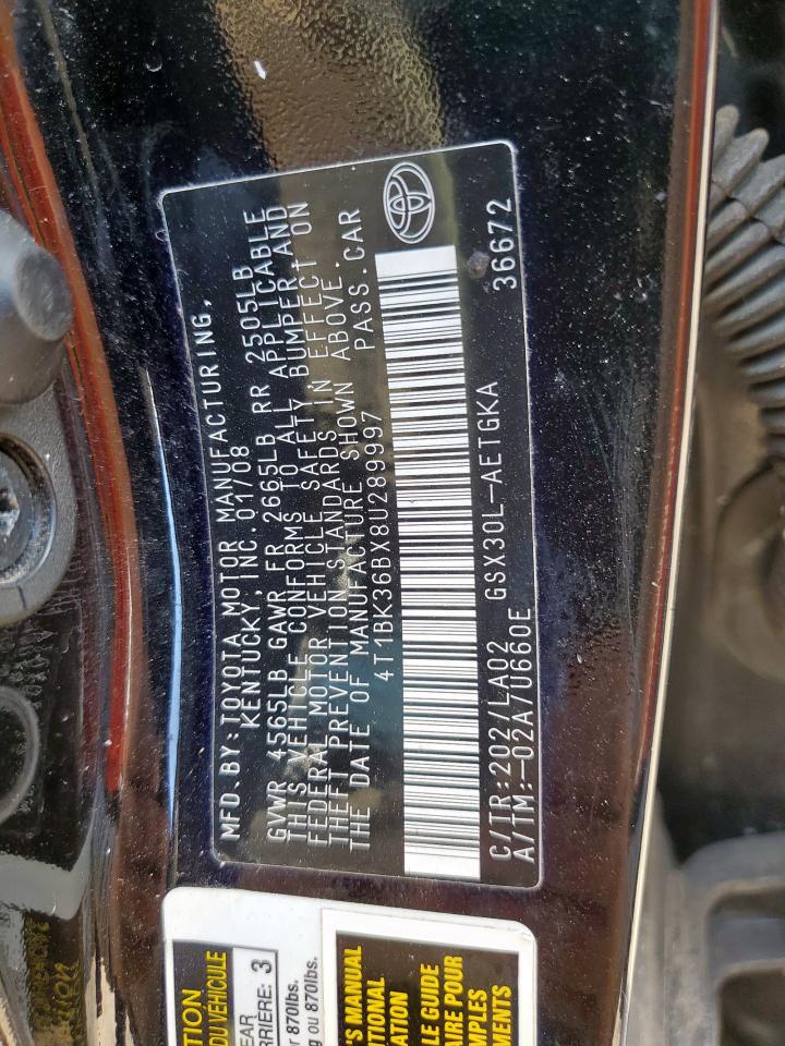 2008 Toyota Avalon Xl VIN: 4T1BK36BX8U289997 Lot: 72037775