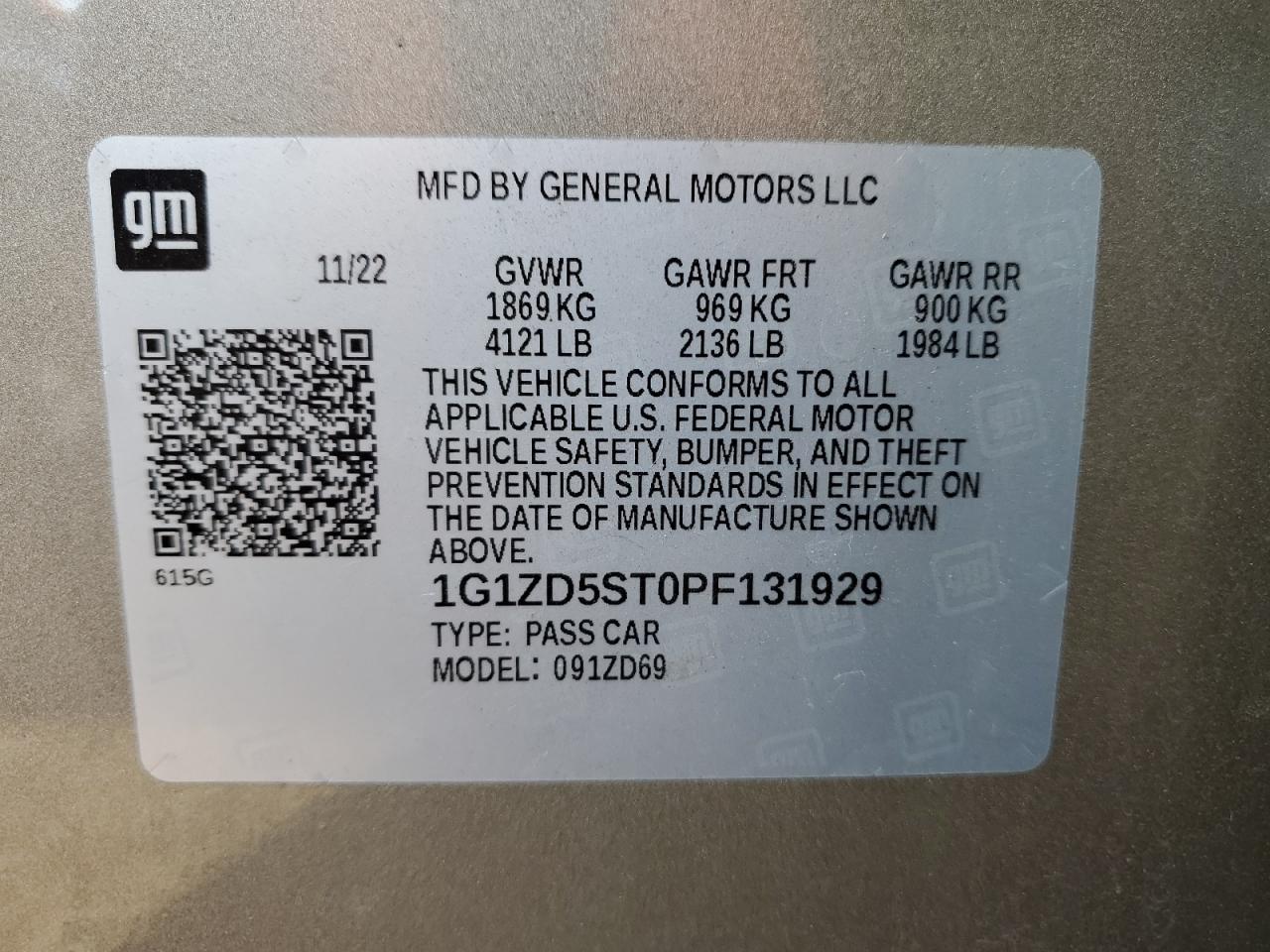 2023 Chevrolet Malibu Lt VIN: 1G1ZD5ST0PF131929 Lot: 82087985
