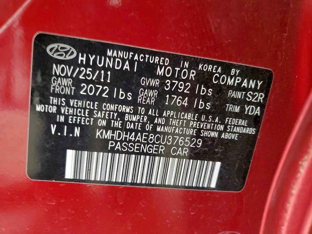 2012 Hyundai Elantra Gls VIN: KMHDH4AE8CU376529 Lot: 84283885