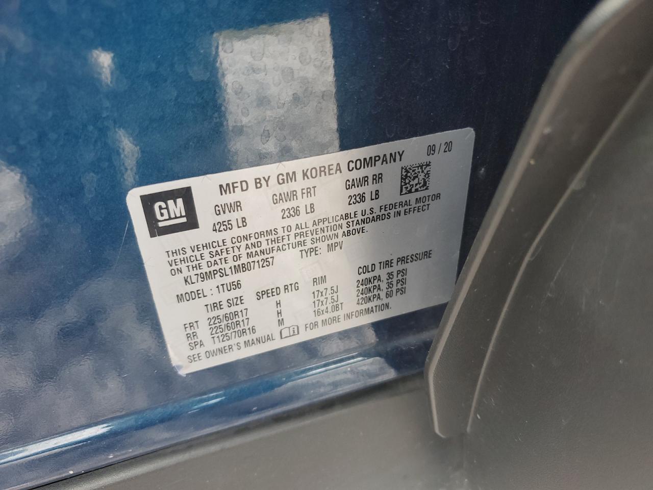 2021 Chevrolet Trailblazer Lt VIN: KL79MPSL1MB071257 Lot: 71115065