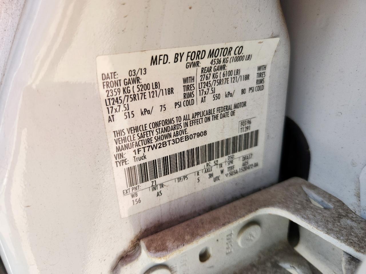 2013 Ford F250 Super Duty VIN: 1FT7W2BT3DEB07908 Lot: 81749455