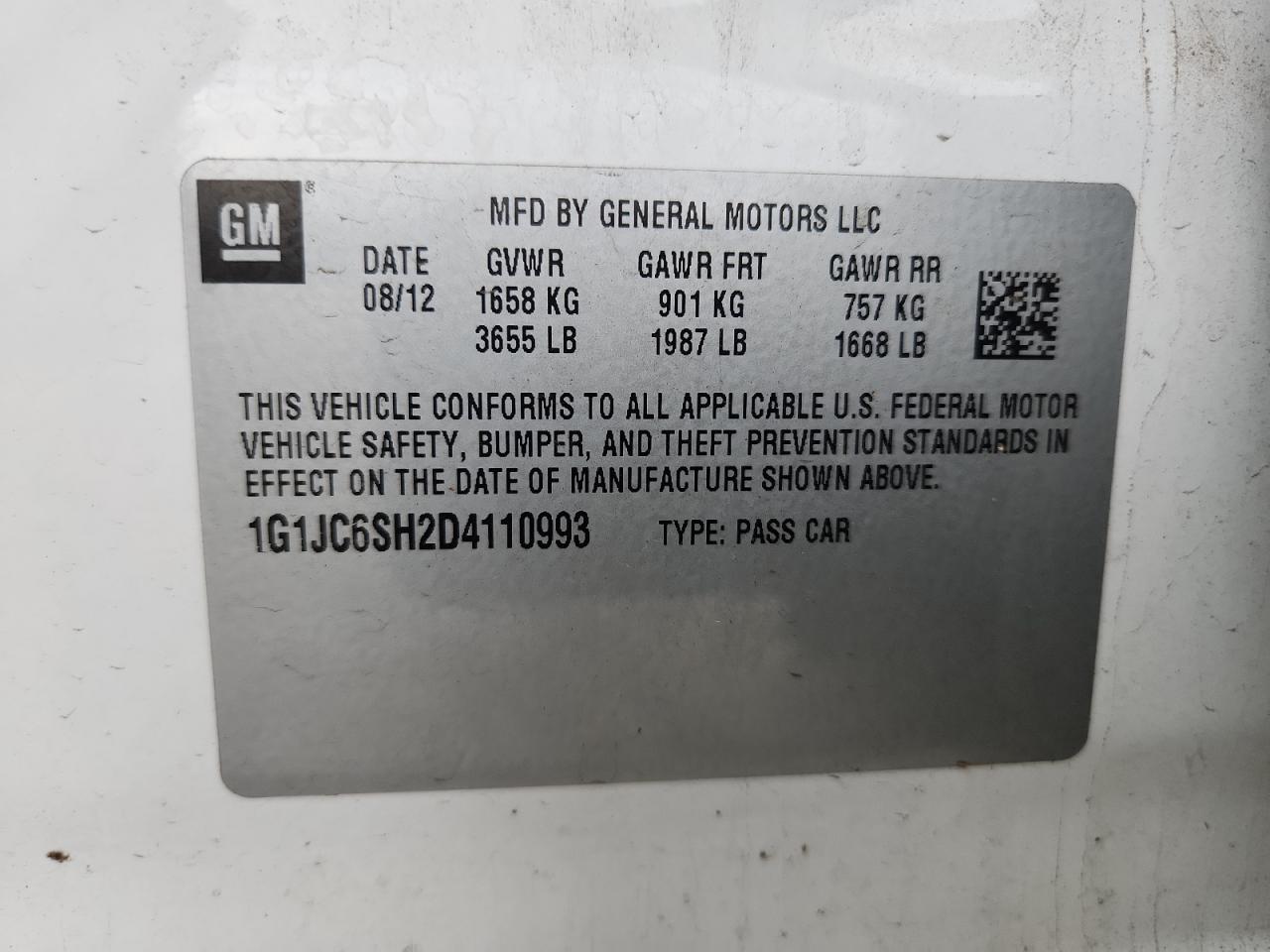 2013 Chevrolet Sonic Lt VIN: 1G1JC6SH2D4110993 Lot: 84048835