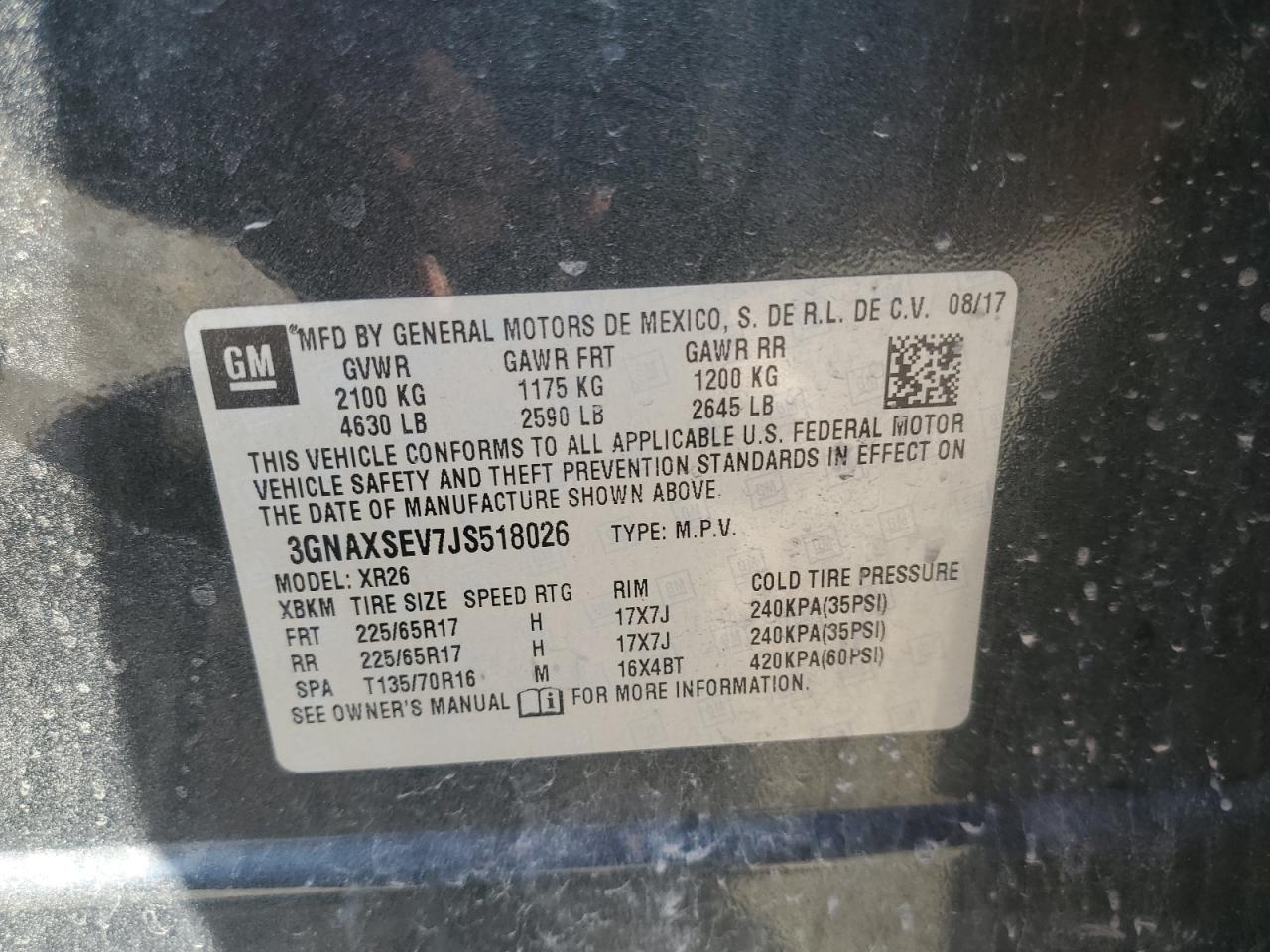 2018 Chevrolet Equinox Lt VIN: 3GNAXSEV7JS518026 Lot: 71065055