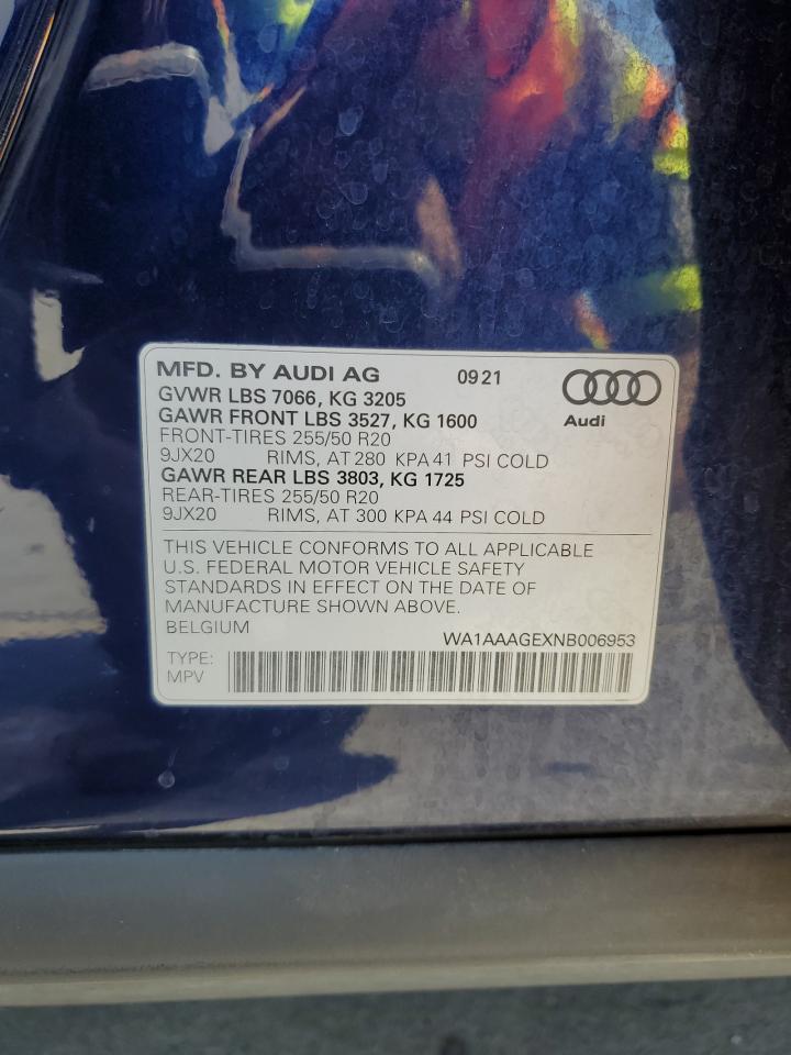 2022 Audi E-Tron Premium VIN: WA1AAAGEXNB006953 Lot: 72042455