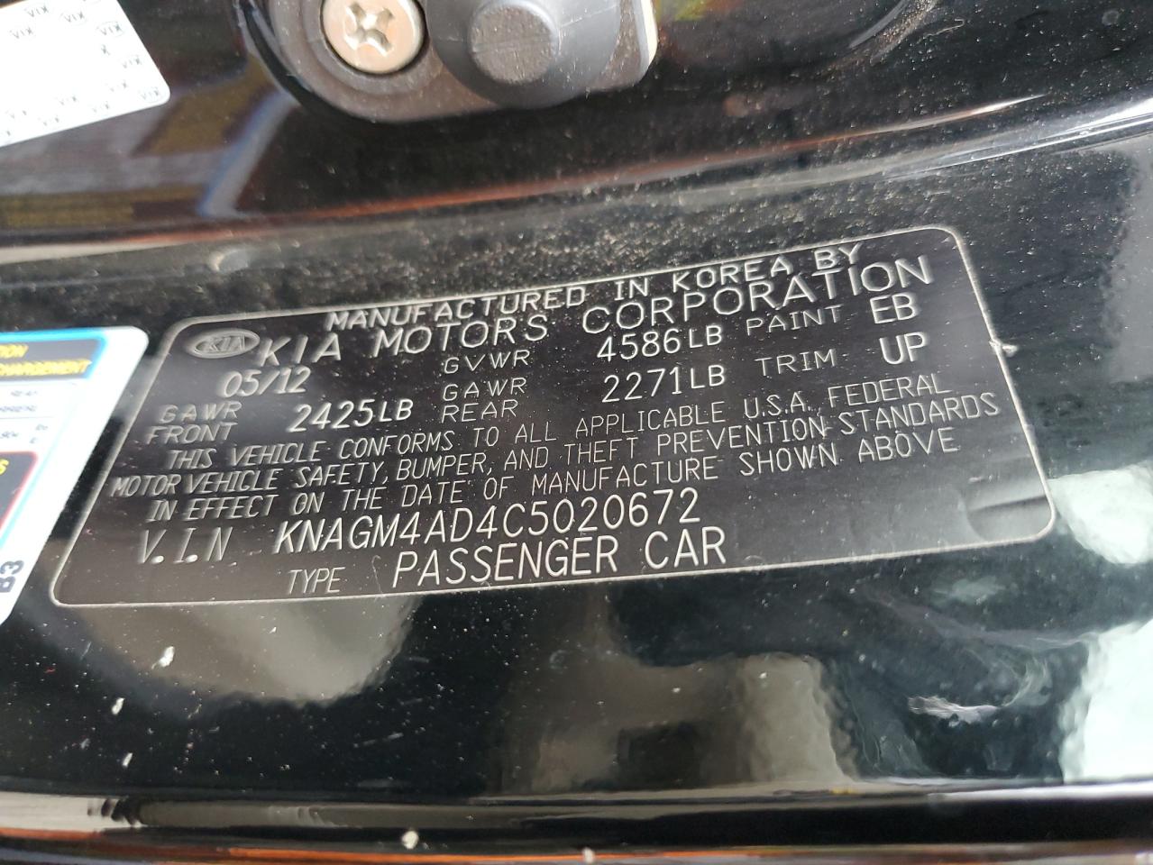 2012 Kia Optima Hybrid VIN: KNAGM4AD4C5020672 Lot: 81743045