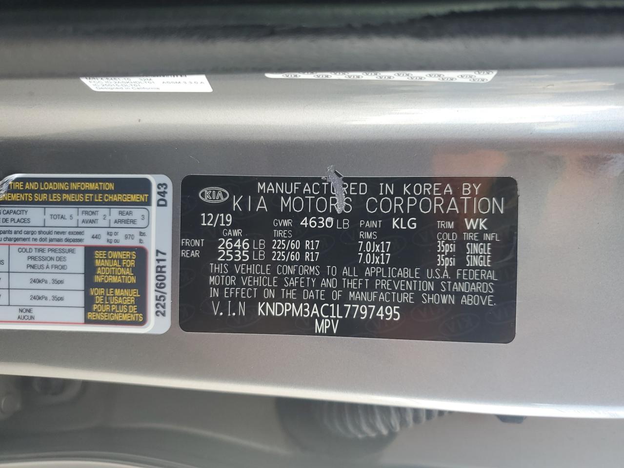 2020 Kia Sportage Lx VIN: KNDPM3AC1L7797495 Lot: 71972975