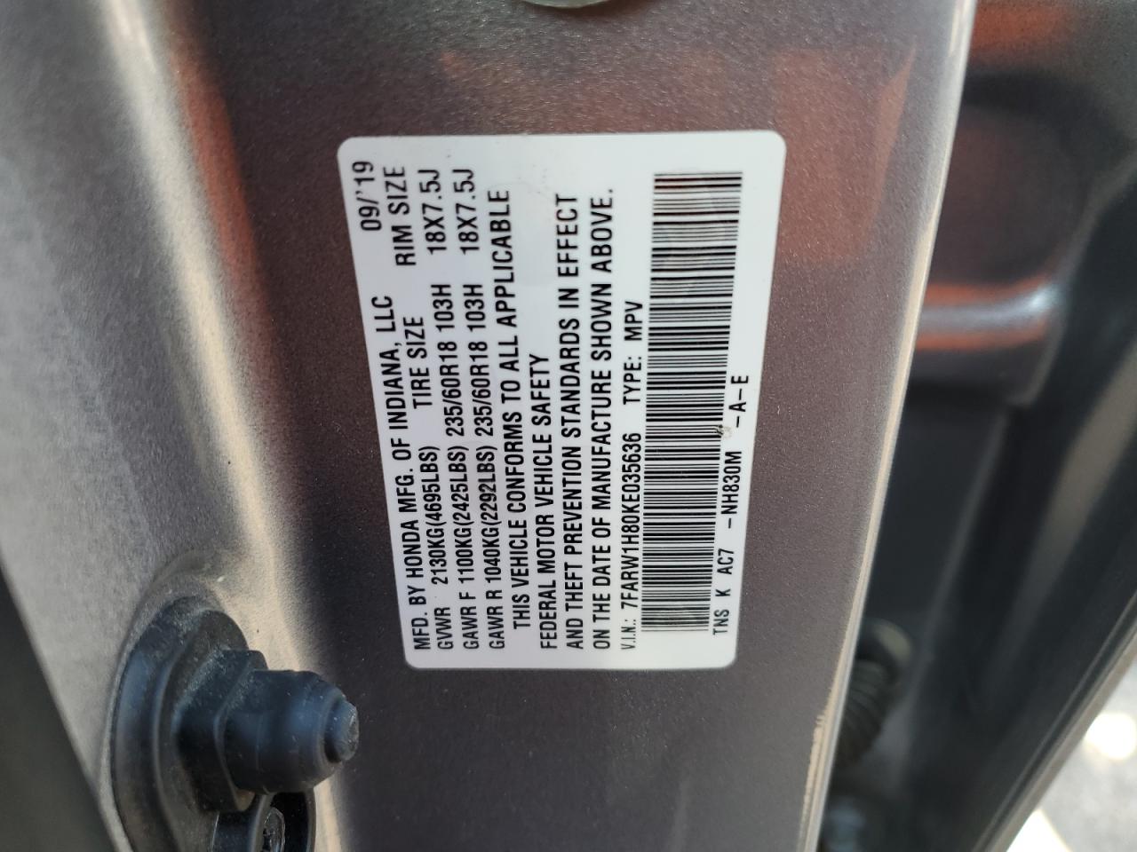 2019 Honda Cr-V Exl VIN: 7FARW1H80KE035636 Lot: 80930855